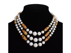 1960s Bib Necklace - Bamboo and White Lucite Beads, Three Strand, Made in West Germany