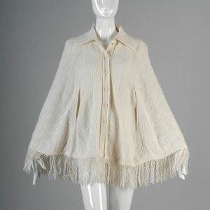 OSFM White Poncho 1970s Cardigan Cape Fringe Hem Button Up Sweater 