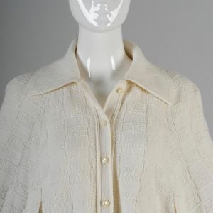 OSFM White Poncho 1970s Cardigan Cape Fringe Hem Button Up Sweater  - Fashionconservatory.com