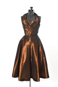 1950s Copper Halter Bust Shelf Changeable Taffeta Full Skirt Underbust Jacket Party Dress Set - Fashionconservatory.com