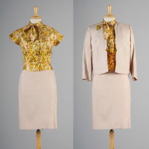 XS Three Piece Beige Skirt Suit Green and Yellow Floral Blouse Tan Boxy Jacket