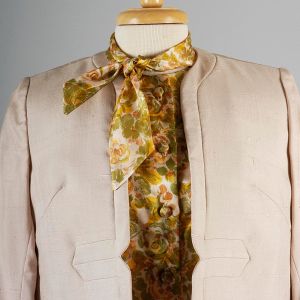 XS Three Piece Beige Skirt Suit Green and Yellow Floral Blouse Tan Boxy Jacket - Fashionconservatory.com