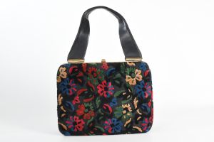 50s Black Multicolored Floral Print Cut Velvet Carpetbag Purse - Fashionconservatory.com