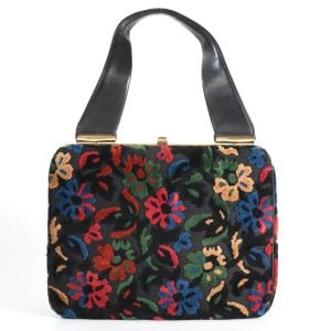 50s Black Multicolored Floral Print Cut Velvet Carpetbag Purse