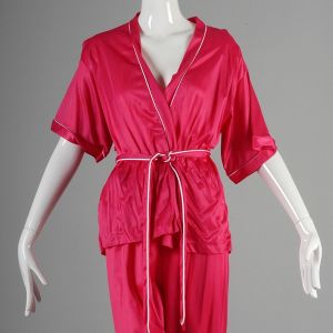 Medium Hot Pink Pajama Set 1970s Two Piece Silky Satin Sleepwear Fuchsia Lounge Pants - Fashionconservatory.com