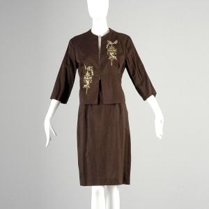 Medium 1960s Brown Skirt Set with Embroidery Bird Cage Summer Lightweight Suit