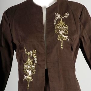 Medium 1960s Brown Skirt Set with Embroidery Bird Cage Summer Lightweight Suit - Fashionconservatory.com