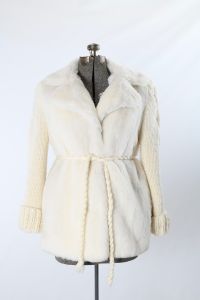 1970s Cream Gray Faux Fur Chunky Knit Sleeve Short Coat - Fashionconservatory.com