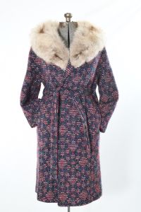1960s Multicolor Mohair Floral Fox Collar Midi Winter Wrap Coat