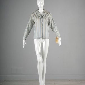 Medium Blue Top 1970s Green Stripe Long Sleeve Button Up Shirt  - Fashionconservatory.com