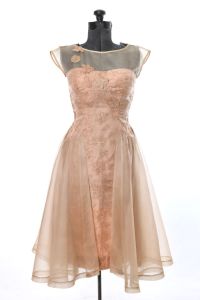 60s Champagne Gold Beige Full Skirted Panel Wiggle Cocktail Dress - Fashionconservatory.com