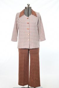 Late 60s Burnt Orange White 2 Piece Shirt Pants Coordinating Set - Fashionconservatory.com