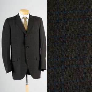 Medium 1950s Dark Charcoal and Blue Plaid Jacket Blazer Sport Coat Partially Lined