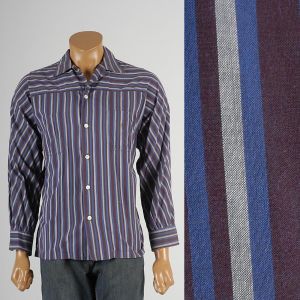 Medium Mens 1950s Shirt Purple Blue Stripes Long Sleeve Loop Collar Button Down