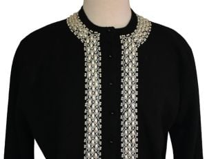 50s Hand Beaded Black Cashmere Angora Cardigan Sweater, 3-D Faux Pearls, Hong Kong, L to XL - Fashionconservatory.com