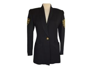 80s Criscione New York Black Hourglass Blazer Jacket With Metallic Gold Appliques, Size Petite Small - Fashionconservatory.com