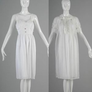 Small 1960s Nightgown Set White Lingerie Set Nightgown Peignoir Set Lace Chiffon Midi Lingerie 