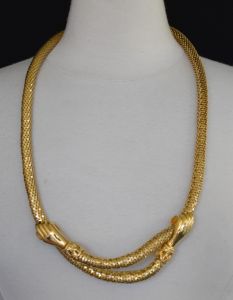 1980s DL AULD Gold Tone Metal Mesh Belt or Necklace with Two Hands and Inset Crystal - Signed - 40.5