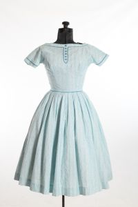 50s XXS Turquoise Blue and White Full Skirted Short Sleeve Day Dress - Fashionconservatory.com