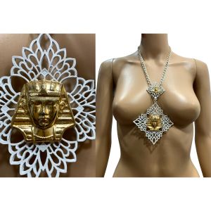 70s King Tut Mania Large White & Gold Pendant Necklace - Fashionconservatory.com