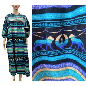 70s 80s Blue Purple & Gold Egypt Print MuuMuu Kaftan Maxi Dress