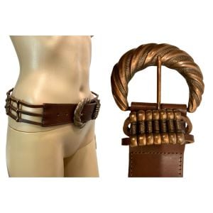 80s Boho Brown Italian made Leather Mesh Belt Copper Buckle