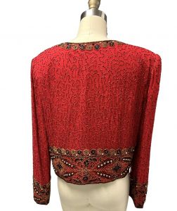 Vintage Laurence Kazar Red Silk Beaded Jacket Womens Large 80s Evening - Fashionconservatory.com