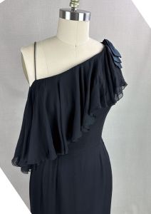 50s - 60s Black Silk Chiffon One Shoulder Cocktail Dress by Edward Abbot, B34 W26 - Fashionconservatory.com