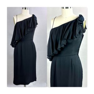 50s - 60s Black Silk Chiffon One Shoulder Cocktail Dress by Edward Abbot, B34 W26