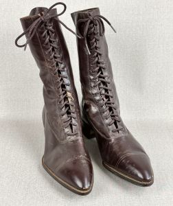 1900s Edwardian Era Brown Leather High Top Ladies' Lace Up Boots Sz 7N - Fashionconservatory.com