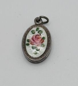 Vintage Guilloche Enamel and Sterling Rose Pendant with Mother Mary Prayer