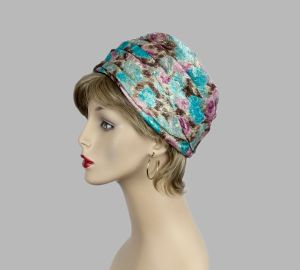 Vintage 70s Teal and Pink Brocade Turban Style Hat, Coifettes by Miss Eileen