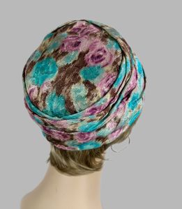 Vintage 70s Teal and Pink Brocade Turban Style Hat, Coifettes by Miss Eileen - Fashionconservatory.com