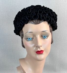 Vintage 50s Black Satin Ruffled Pillbox Style Hat by Evelyn Varon - Fashionconservatory.com