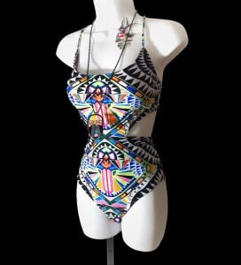1990s Graphic Print Monokini Swimsuit with Cutouts - Fashionconservatory.com