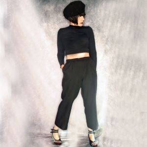 1980s Plus Size Black Cropped Trouser Pants With Pockets, Minimalist Fashion