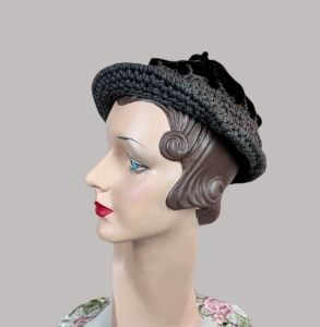 Vintage 40s Grey Crochet Hat with Brown Velvet Loops by Accessory Fashions - Fashionconservatory.com