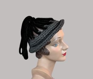 Vintage 40s Grey Crochet Hat with Brown Velvet Loops by Accessory Fashions