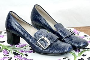 Vintage 70s Navy Blue Embossed Court Shoes, Heels by Fashion Craft, Sz 7 1/2 N