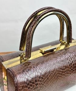 Vintage 50s Brown Faux Reptile Barrel Handbag, Box Purse - Fashionconservatory.com