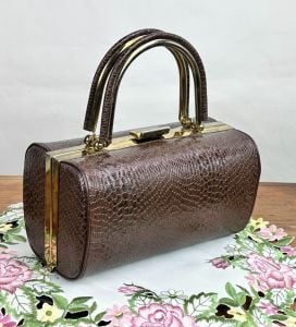 Vintage 50s Brown Faux Reptile Barrel Handbag, Box Purse