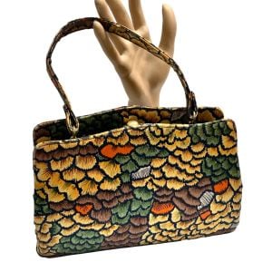 60s Mod Floral Silk Top Handle Frame Bag Orange Gold Green Brown - Fashionconservatory.com