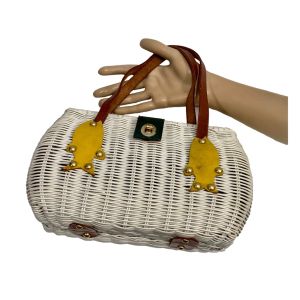 60s White Wicker Top Handle Bag w Leather Fish Motif
