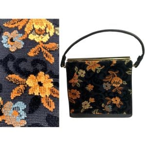 60s Black & Floral Chenille Carpet Bag Top Handle Frame Purse 