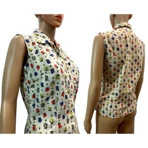 60s Sleeveless Floral Blouse | Dacron Cotton Summer Top - Fashionconservatory.com