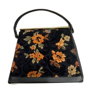 60s Black & Floral Chenille Carpet Bag Top Handle Frame Purse  - Fashionconservatory.com