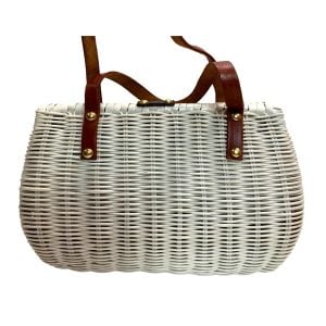 60s White Wicker Top Handle Bag w Leather Fish Motif - Fashionconservatory.com