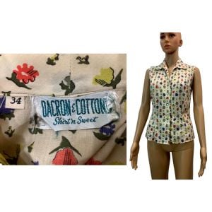 60s Sleeveless Floral Blouse | Dacron Cotton Summer Top