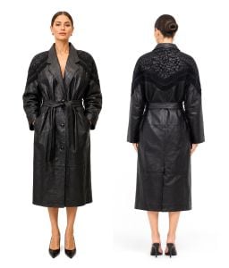 90s BLACK Leather & Suede Maxi Trench Coat w Belt - Fashionconservatory.com