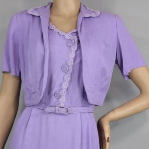 Lavender Purple Linen Vintage 60s Dress & Crop Jacket Set M - Fashionconservatory.com